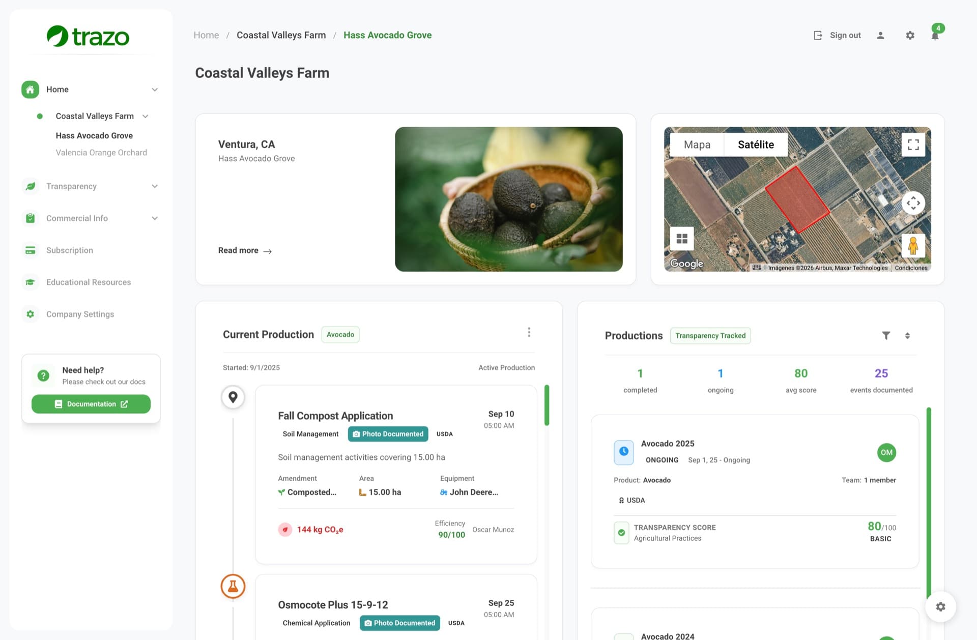 Trazo agricultural dashboard showing farm management, production tracking, transparency scores, and satellite mapping for Coastal Valleys Farm