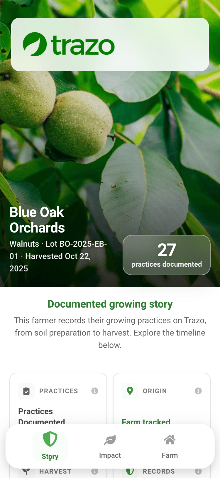Trazo buyer page for walnuts from Blue Oak Orchards: Lot BO-2025-EB-01, harvested October 22 2025, 27 practices documented, above the documented growing story and the practices, origin, harvest and records row.