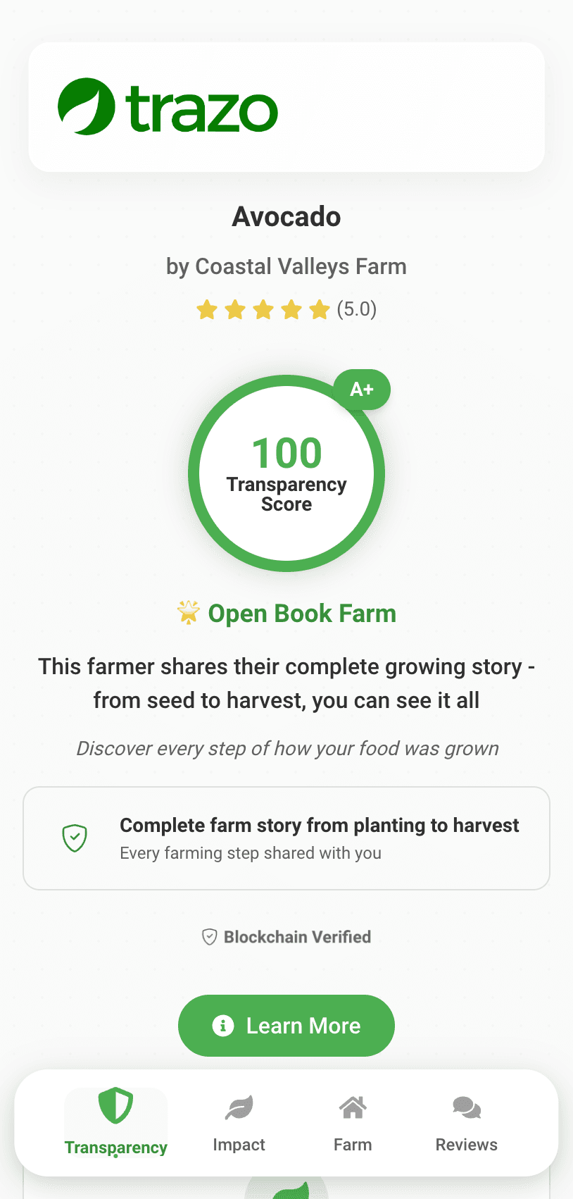 Trazo consumer view showing Avocado product with 100/100 Transparency Score by Coastal Valleys Farm
