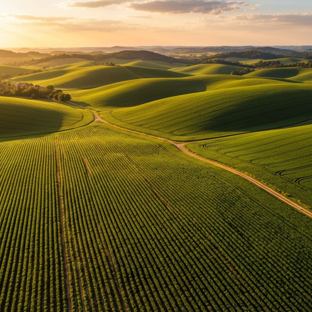 Golden-hour aerial of a working farm: planted rows running across rolling green hills toward a farmstead on the horizon.