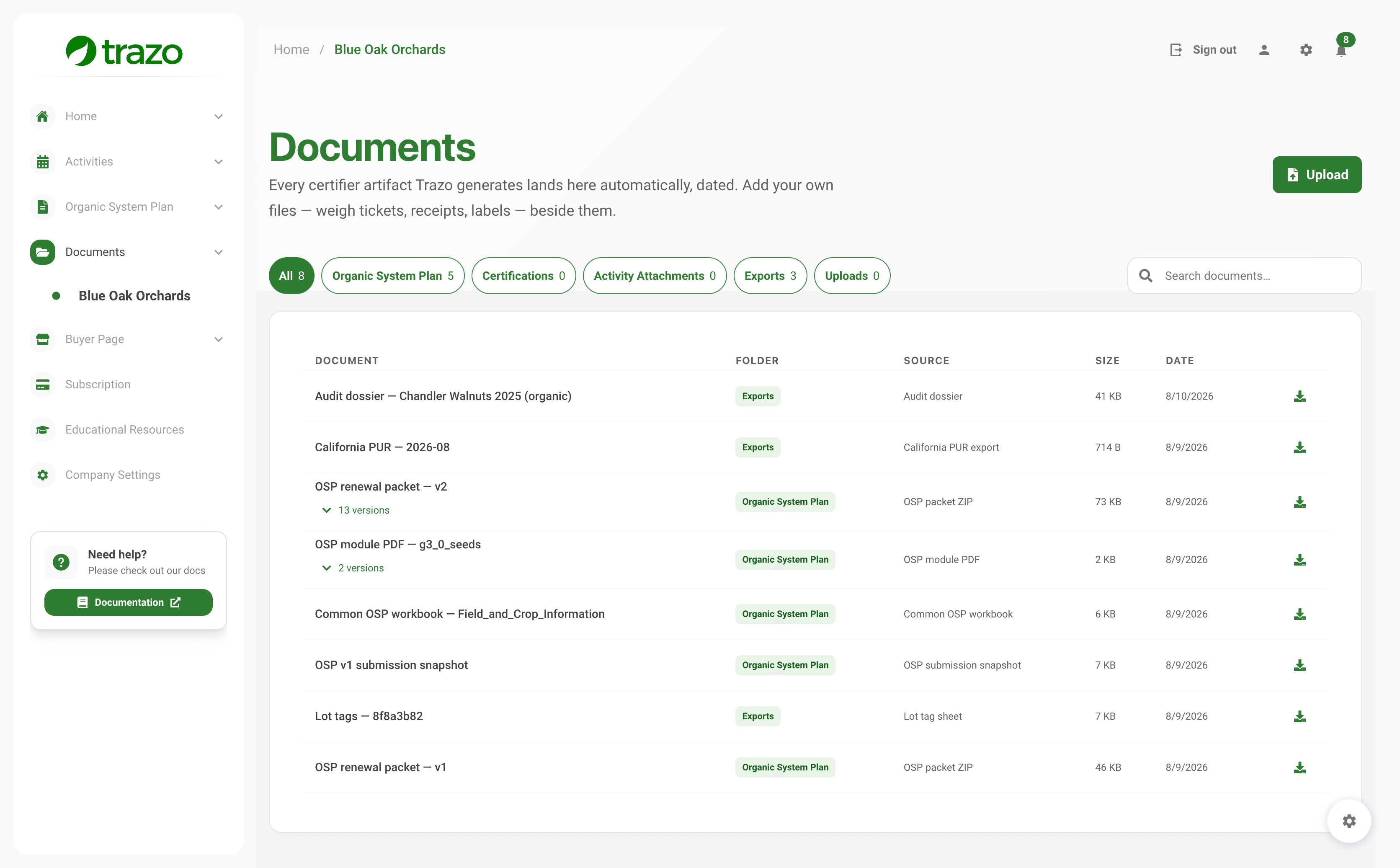 Trazo documents page for Blue Oak Orchards, a shelf of generated certifier artifacts filed by folder with source, size and date — audit dossier, California PUR export, OSP renewal packet, OSP module PDFs, Common OSP workbook and lot tags — filterable by Organic System Plan, Exports and Uploads, with the farm's own files uploaded beside them.