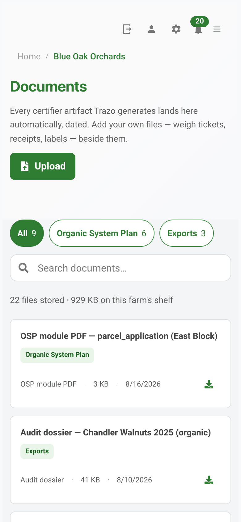 Trazo documents page for Blue Oak Orchards, a shelf of generated certifier artifacts filed by folder with source, size and date — audit dossier, California PUR export, OSP renewal packet, OSP module PDFs, Common OSP workbook and lot tags — filterable by Organic System Plan, Exports and Uploads, with the farm's own files uploaded beside them.