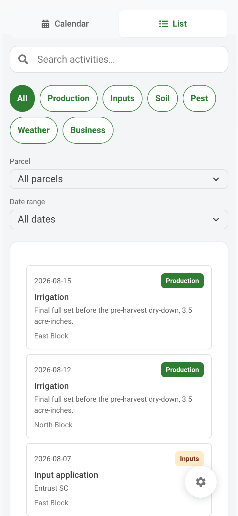 Trazo activities calendar for August 2026 on a walnut farm, with colour-coded entries: pest and scouting on the 1st and 4th, input applications on the 4th and 7th, and irrigation on the 12th and 15th, above filters for production, inputs, soil, pest, weather and business.