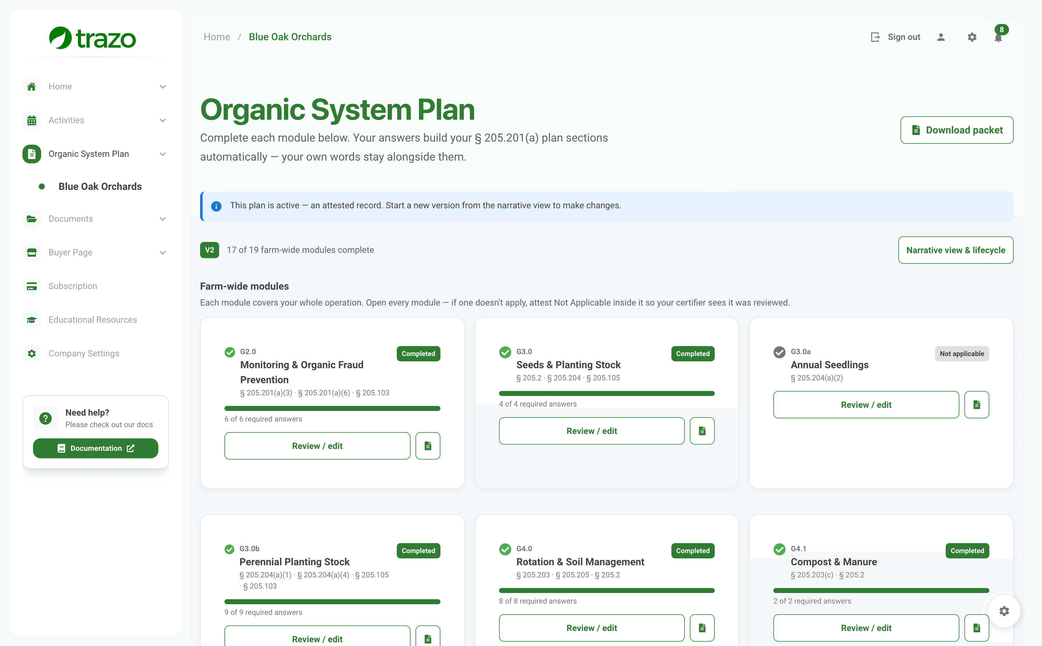 Trazo Organic System Plan page showing version 2 active with 17 of 19 farm-wide modules complete, and module cards for Monitoring & Organic Fraud Prevention, Seeds & Planting Stock, Annual Seedlings marked Not applicable, Perennial Planting Stock, Rotation & Soil Management and Compost & Manure, each citing its CFR sections.